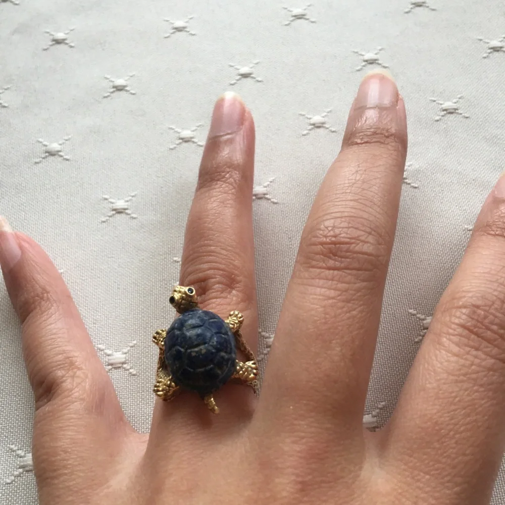 Vintage 14k Gold Turtle Ring with Blue Stone Shell